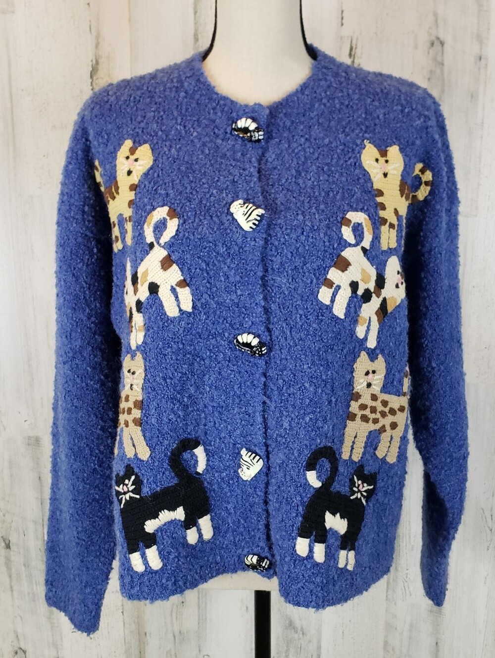 Vintage Blue Bouclé Cat Appliqué Cardigan Size XL